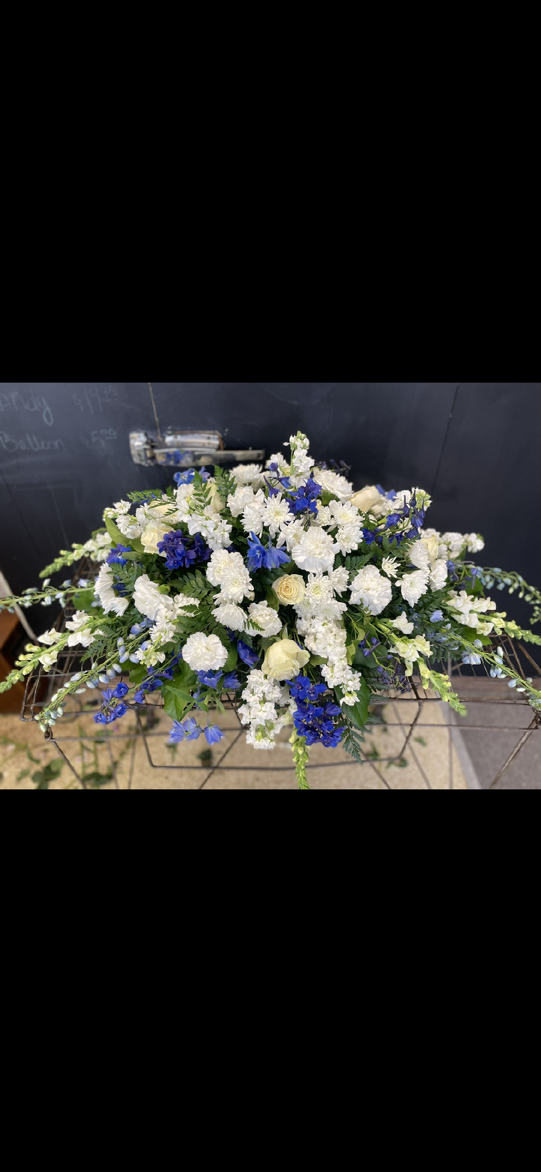 Blue and White Casket spray – BROWN'S FLOWERS & GIFTS, Fircrest WA