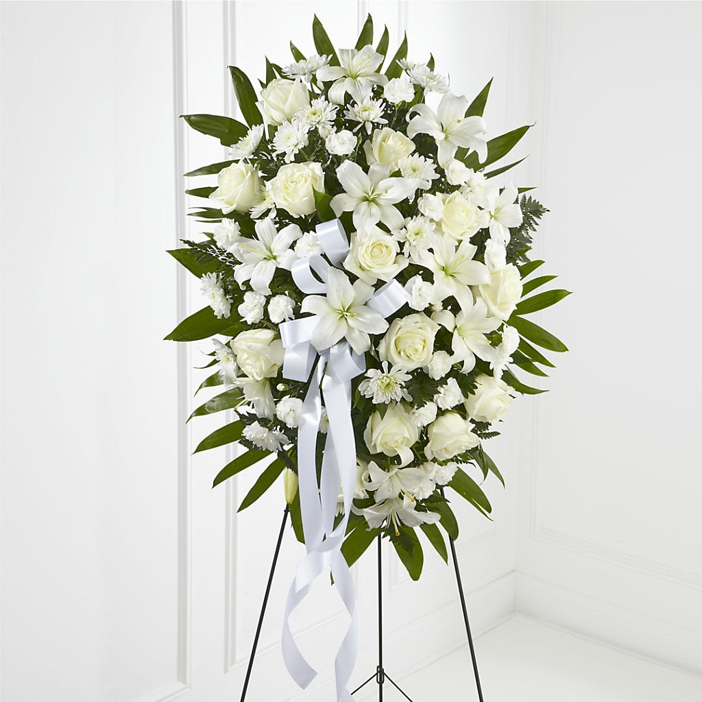 Exquisite Tribute Standing Spray-White Ribbon – BROWN'S FLOWERS & GIFTS, Fircrest WA